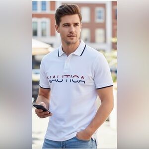 Nautica white with red/blue trim collared polo shirt, logo and chest print, Med